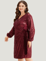 Sequin Ties Side Surplice Neck Lantern Sleeve Dress
