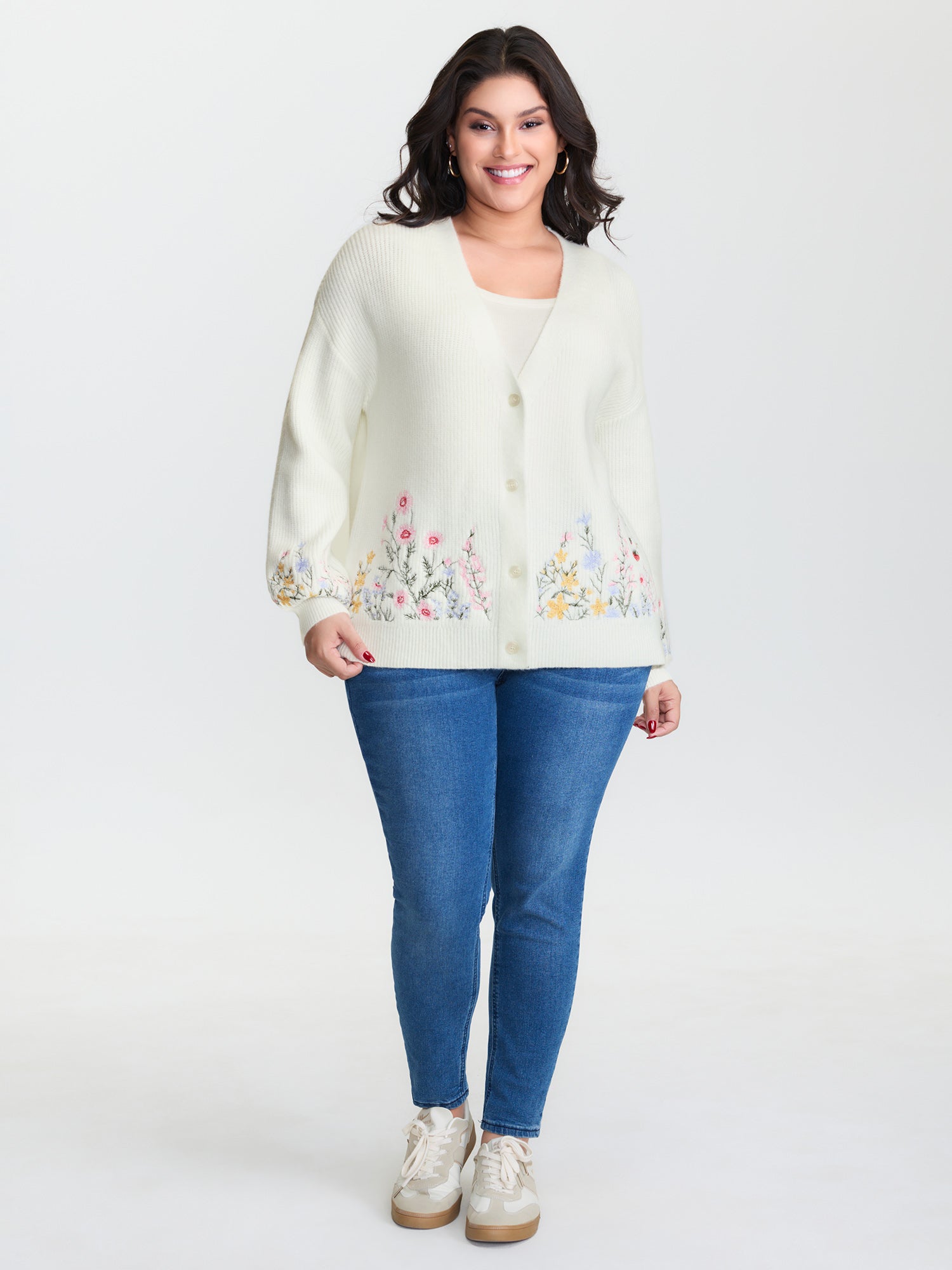 Floral Embroidery Drop Shoulder Knit Cardigan