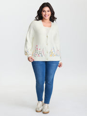 Floral Embroidery Drop Shoulder Knit Cardigan
