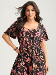 Floral Print Square Neck Pockets Jumpsuit