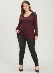 Solid V Neck Contrast Lace Rib Knit Long Tee