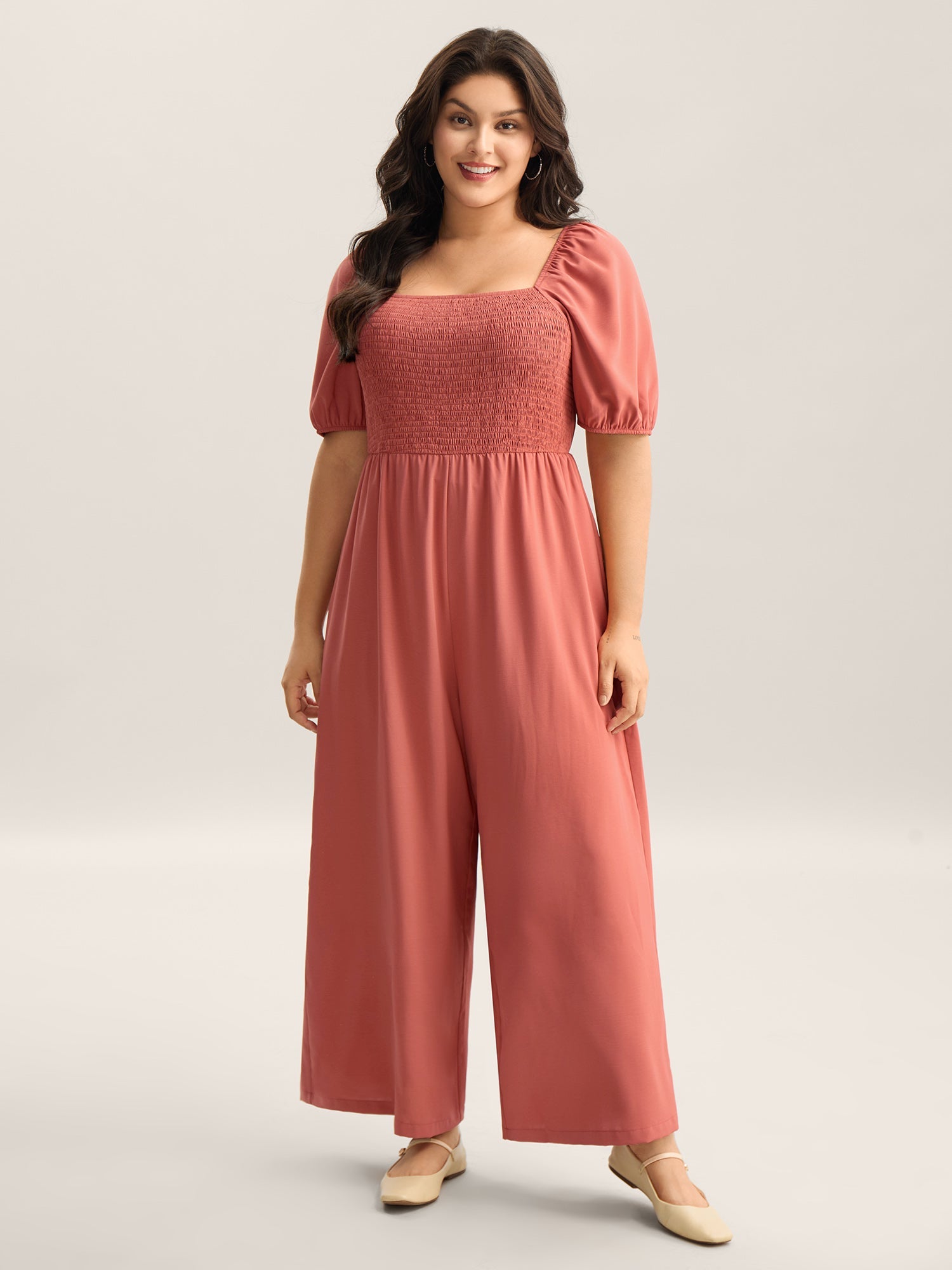 Shirred Puffy Sleeve Pockets Jumpsuit