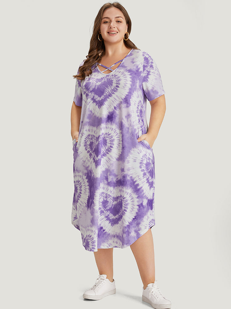 Heart Print Tie Dye Pocket Crisscross Neck Dress