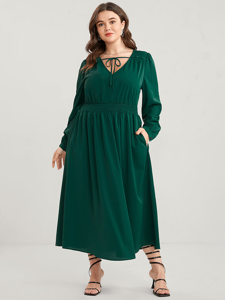 Solid Pocket Shirred Tie V Neck Ruffle Hem Dress