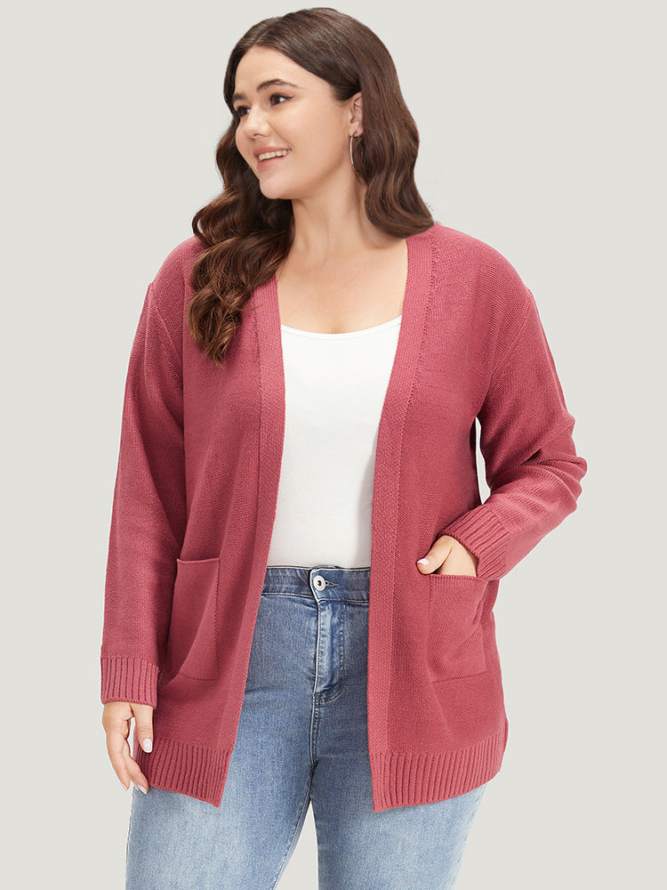 Solid Patched Pocket Open Front Long Sleeve Cardigan