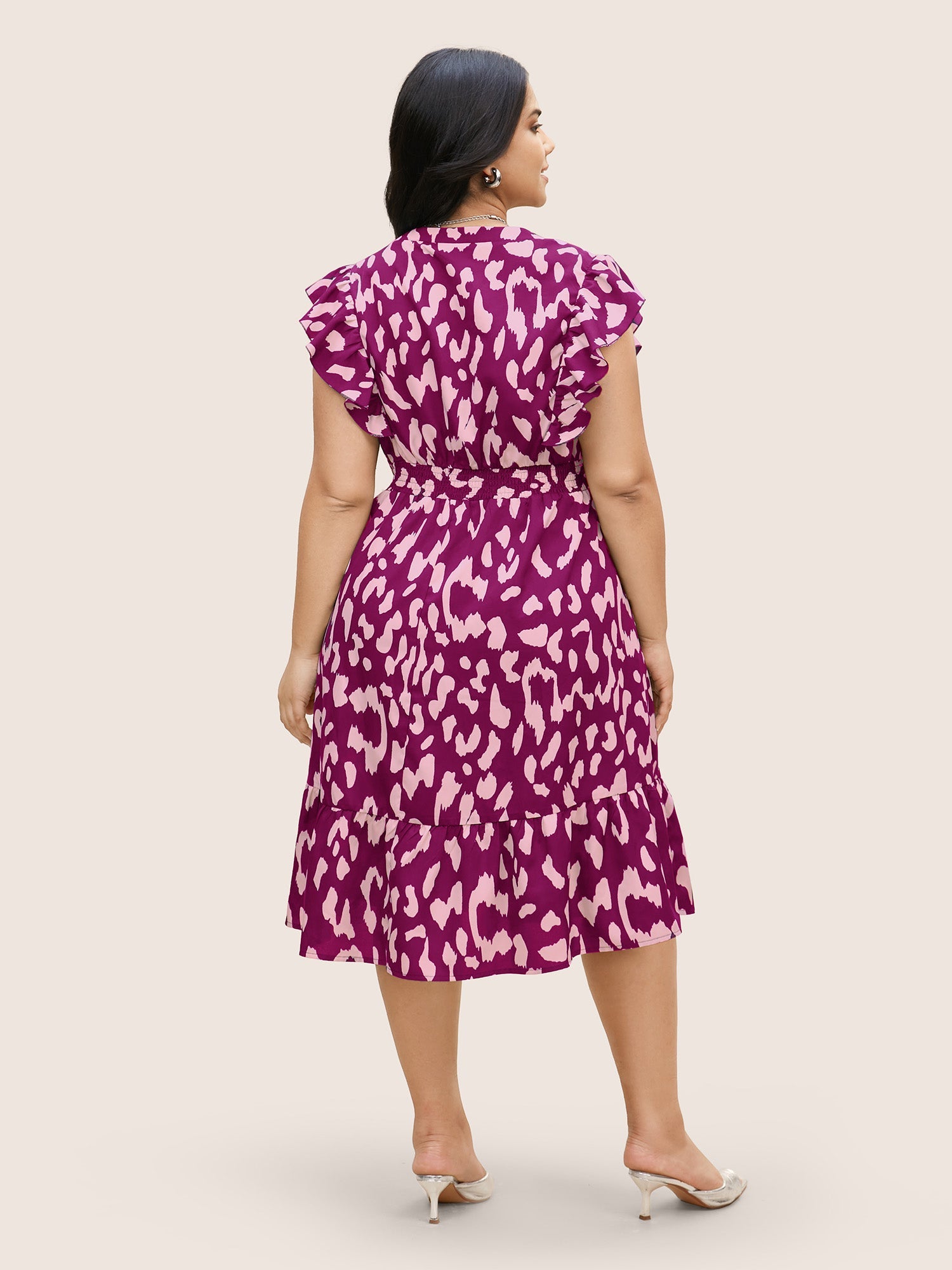 Notched Leopard Print Cap Sleeve Ruffles Dress