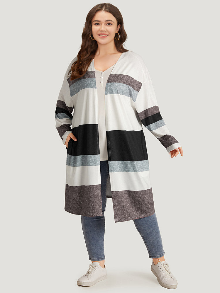 Striped Contrast Pocket Open Front Kimono