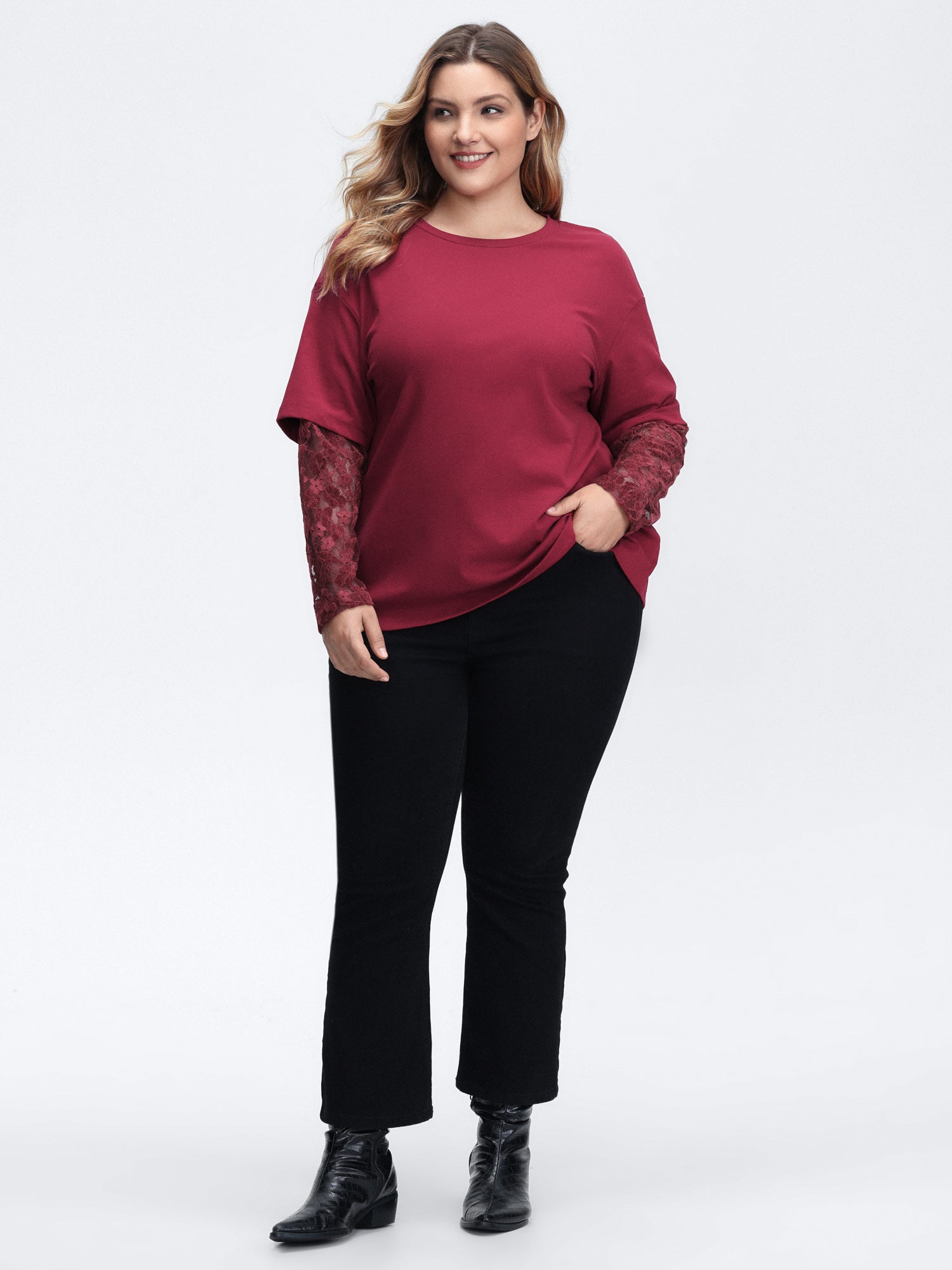 2-In-1 Layered Sheer Lace Sleeve T-Shirt