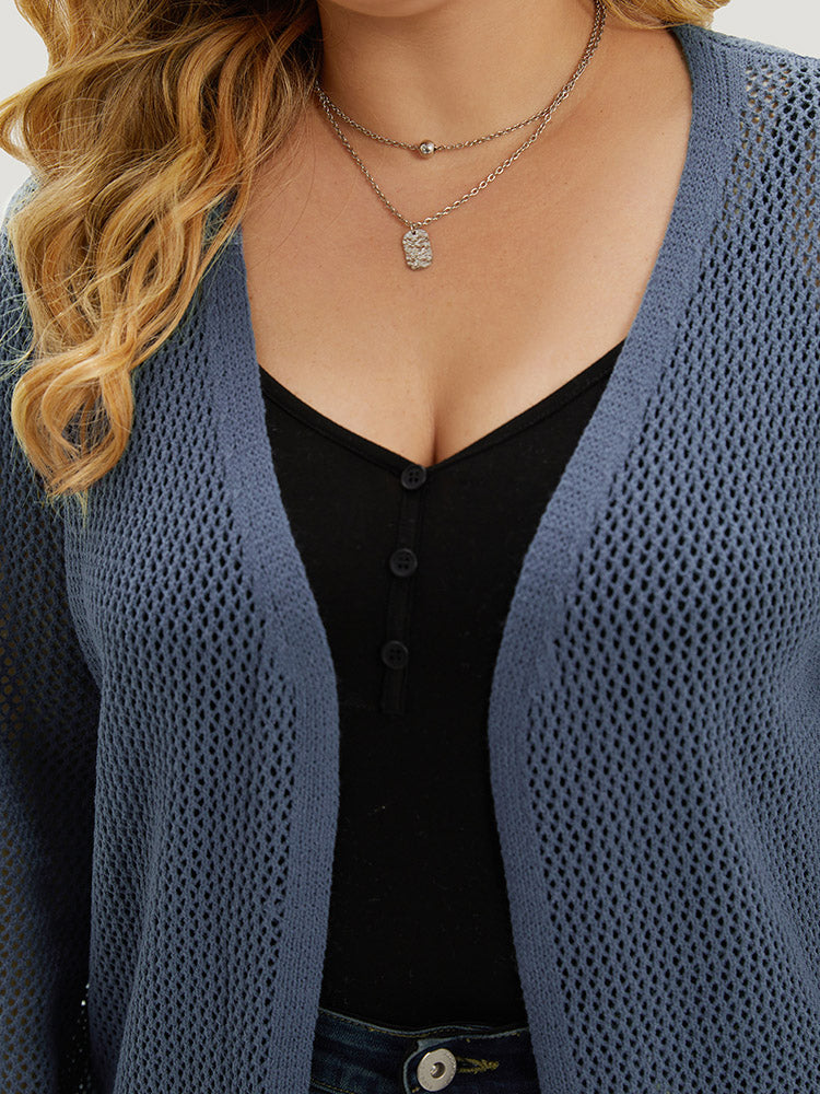 Solid Geometric Eyelet Open Front Cardigan