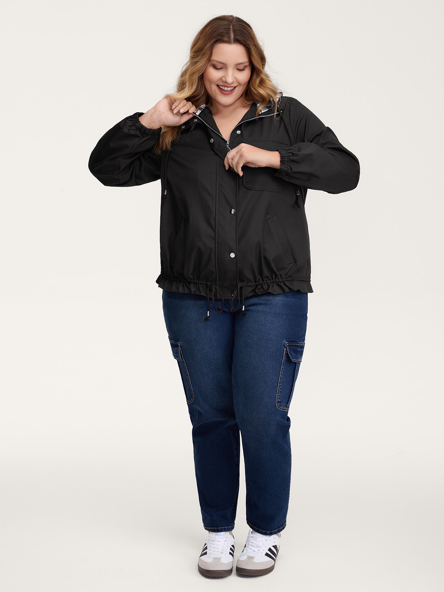 2-in-1 Plaid Hooded Adjustable Drawstring Jacket