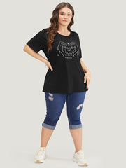 Figure & Letter Print Slightly Stretchy Zodiac T-shirt
