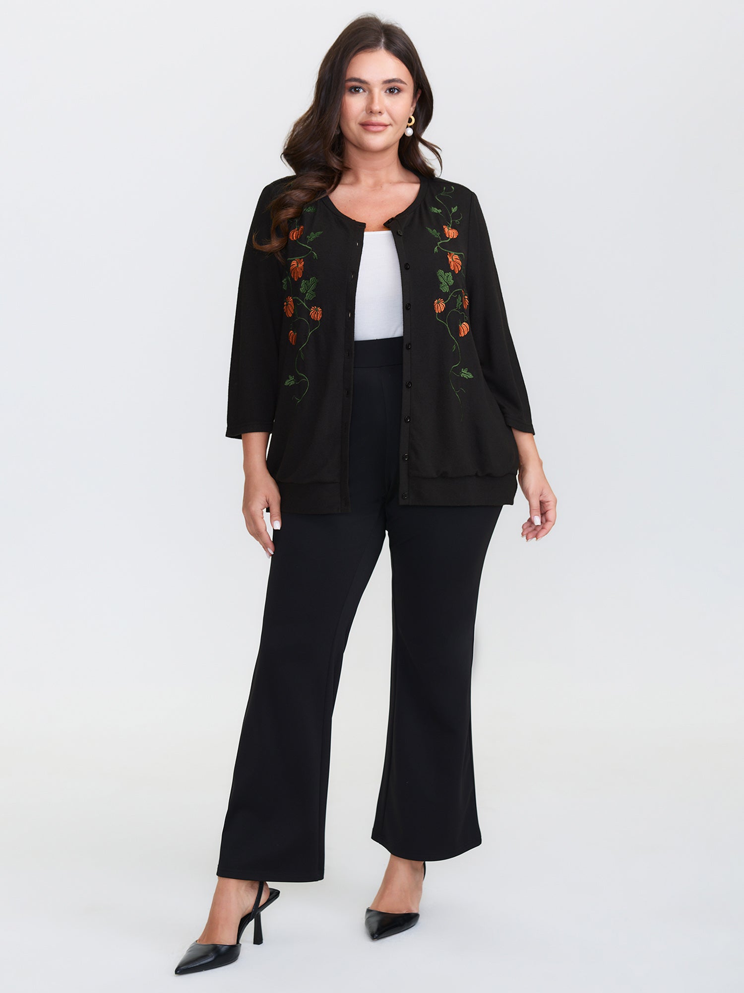 Floral Embroidery Stretch Knit Button Top