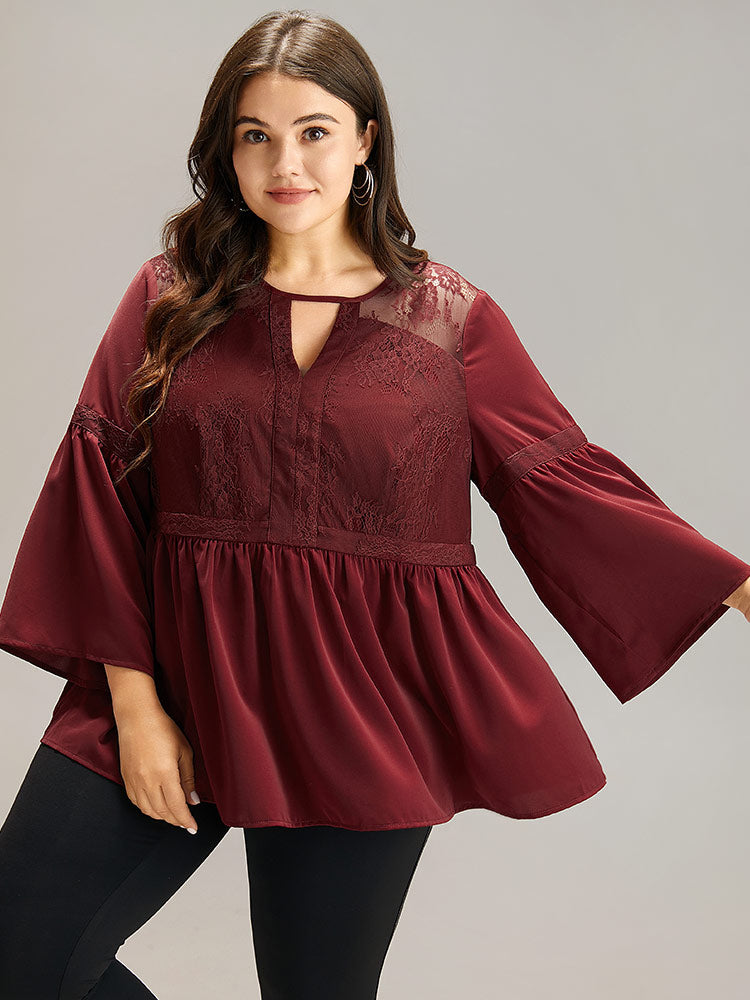 Anti-Wrinkle Keyhole Crochet Lace Mesh Ruffles Blouse