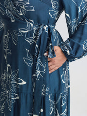 Silhouette Flower Print Wrap Neck Midi Dress