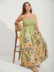 Shirred Off-Sleeve Floral Print Maxi Dress