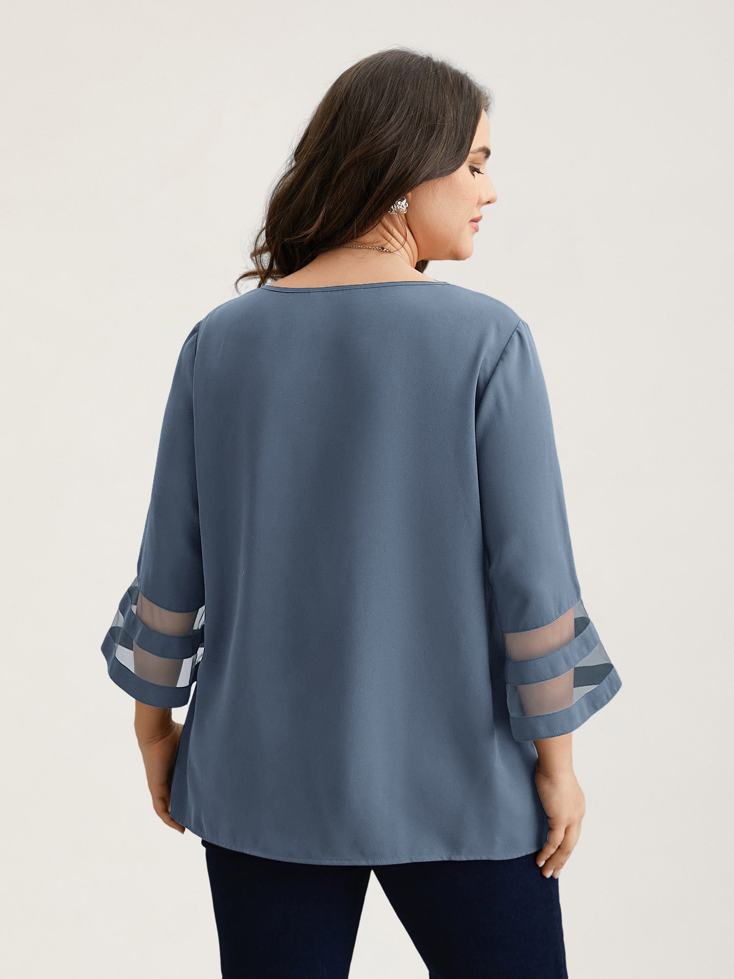 Sheer Sleeve Patchwork Asymmetrical Neckline Blouse