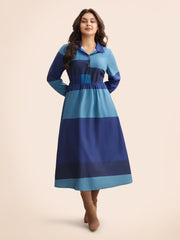 Shirt Collar Colorblock Contrast Midi Dress