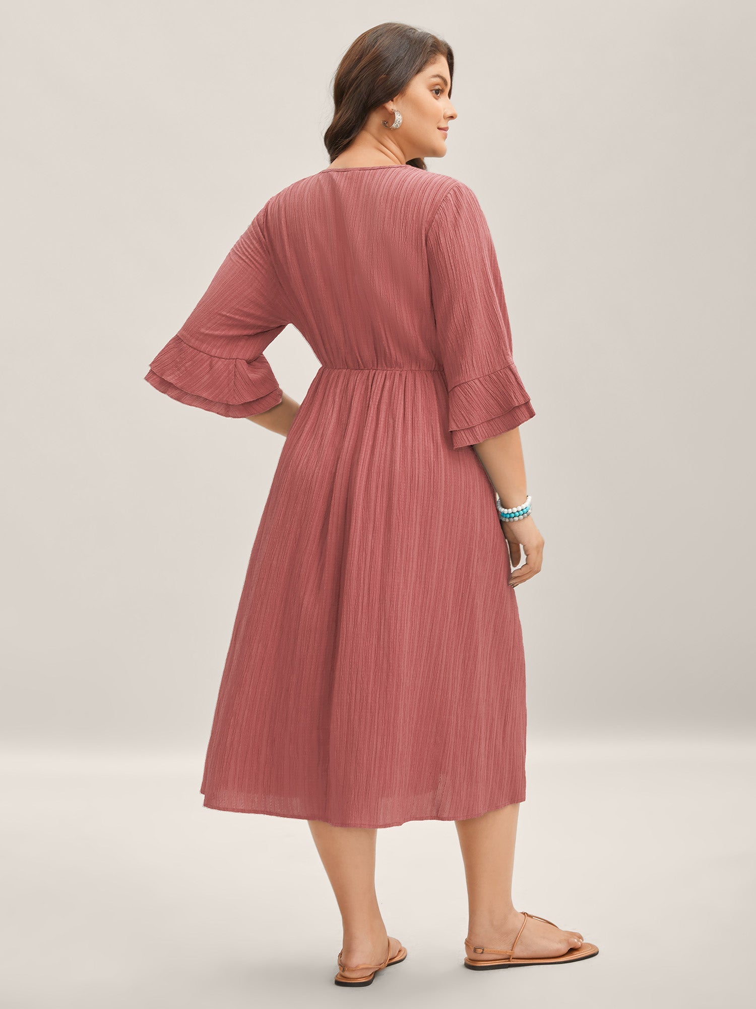 Scalloped Lace Surplice Ruffled Midi Dress