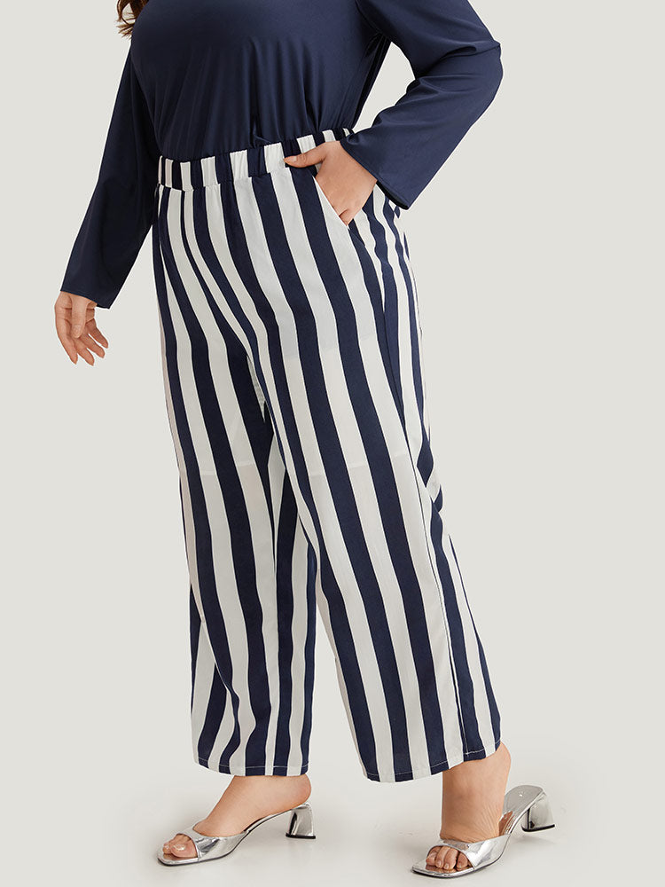 Striped Print Elastic Waist Woven Pants