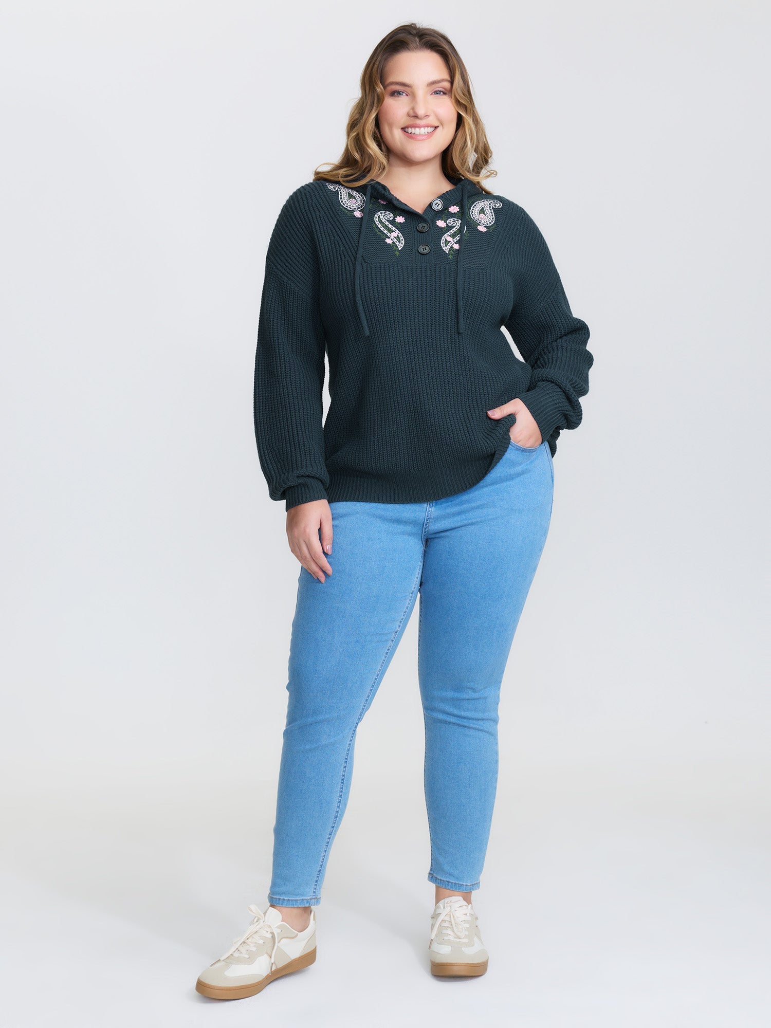 Floral Embroidery Hooded Textured Pullover