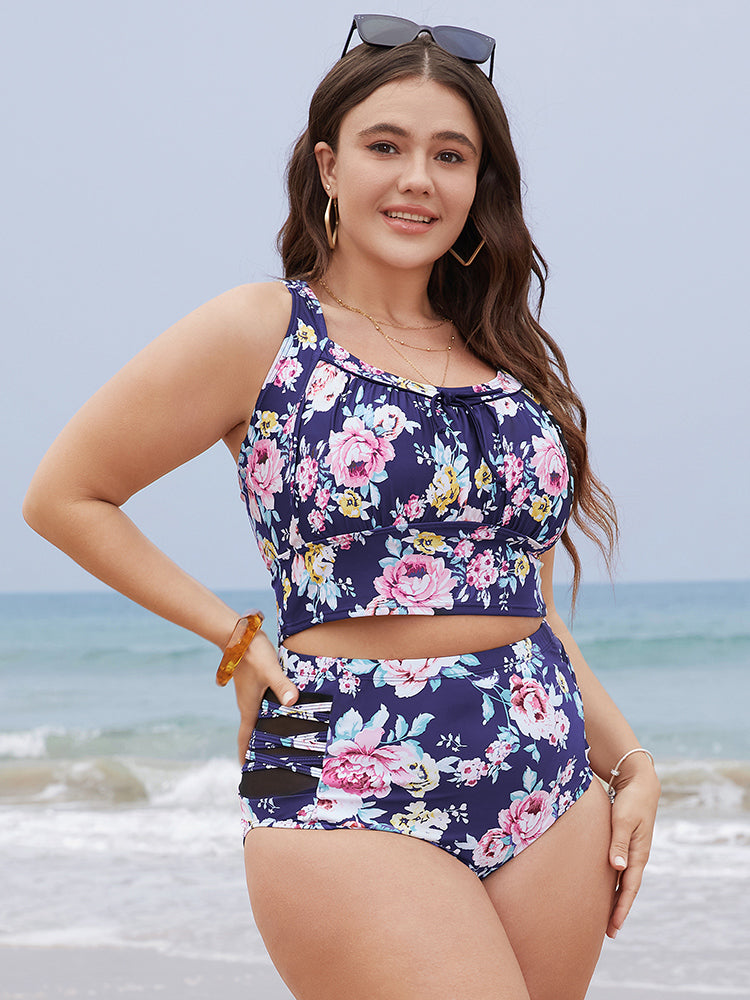 Floral Ruched Knotted Crossover Back Tankini Top
