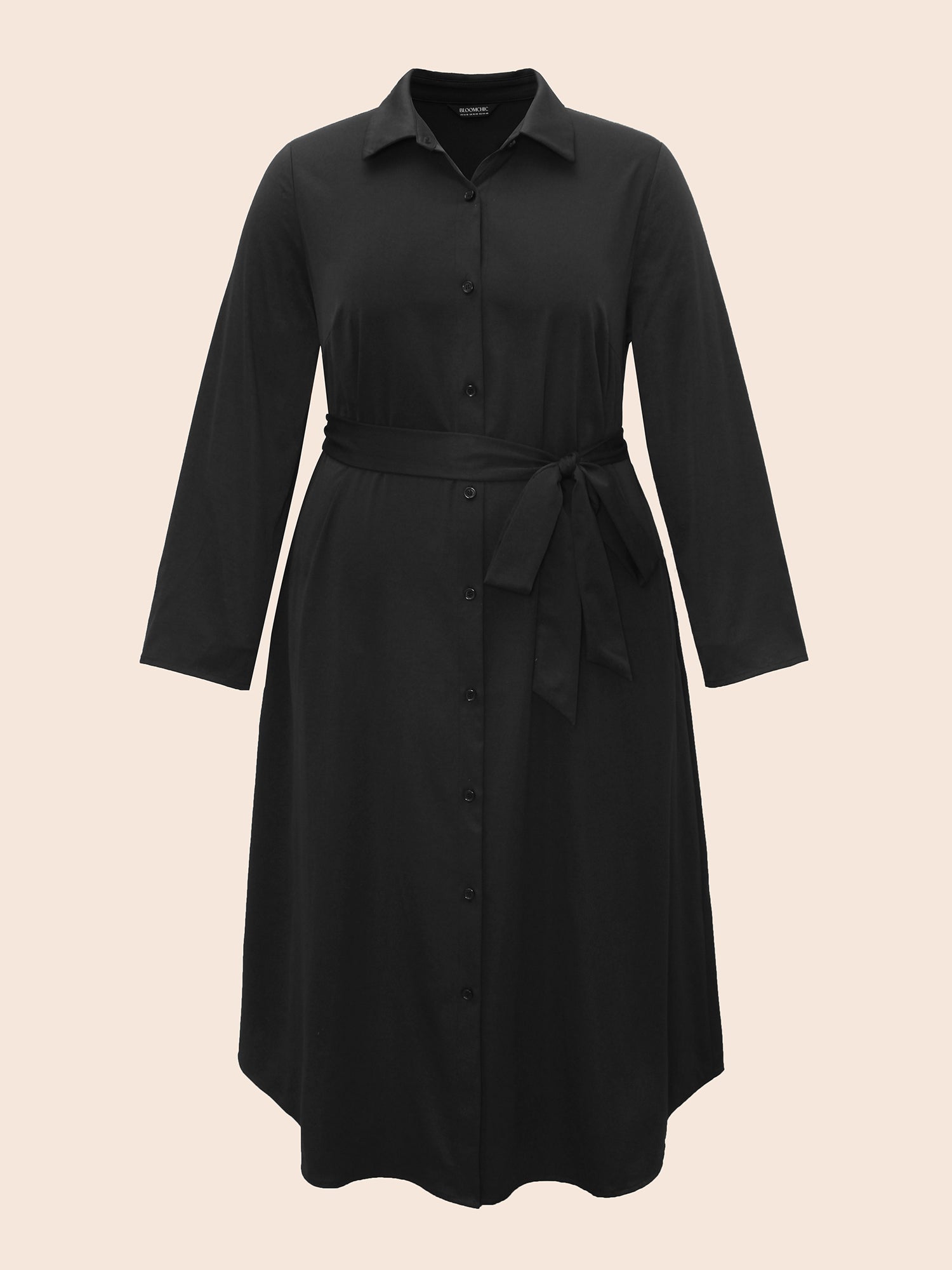 Shirt Collar Curved Hem Midi Dress