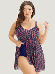 Bandana Print Adjustable Straps Mesh Ruffles Swim Dress