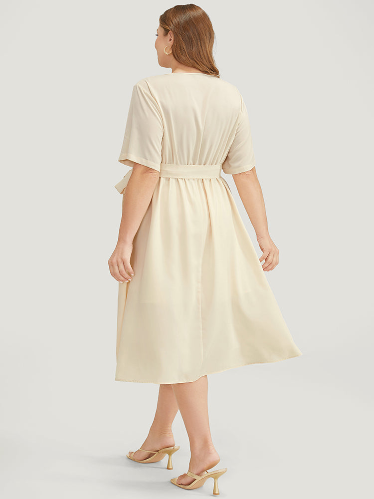 Solid Chain Detail Cut Out Pocket Belted Flutter Dress