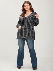 Striped Contrast Pointelle Knit Pocket Button Front Heather Cardigan