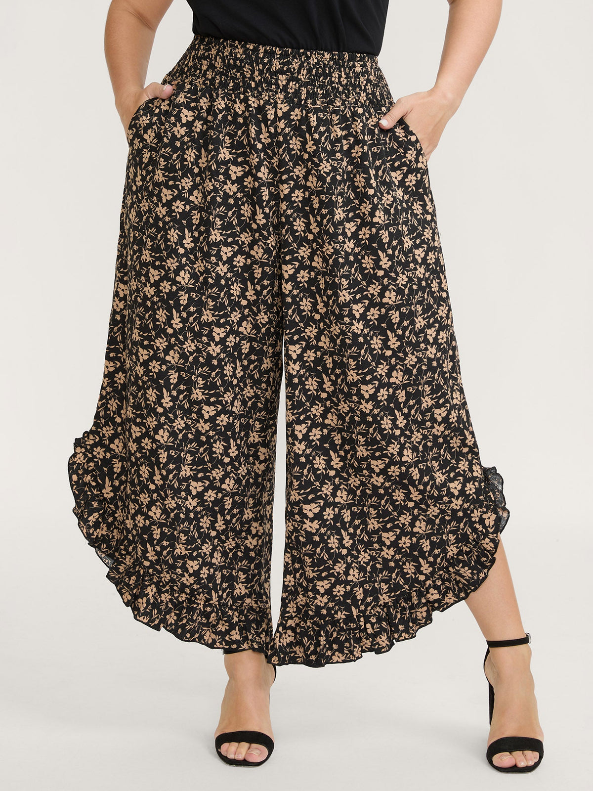 Floral Print Ruffled Asymmetrical Hem Pants