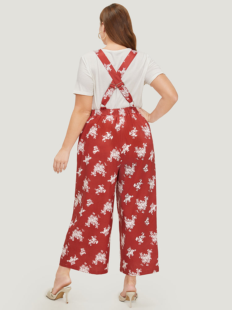 Floral Print Pocket Crossover Back Overall Jumpsuit