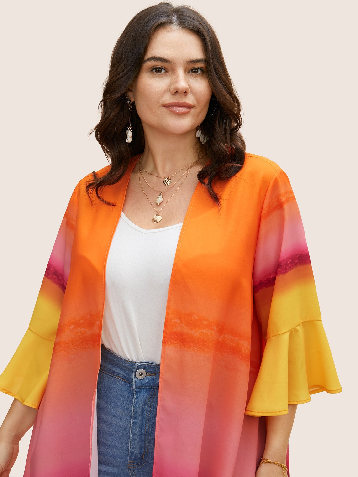 Ombre Ruffle Sleeve Asymmetrical Hem Kimono