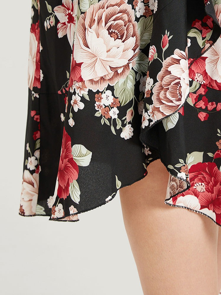 Floral Print Pocket Asymmetrical Hem Cold Shoulder Dress
