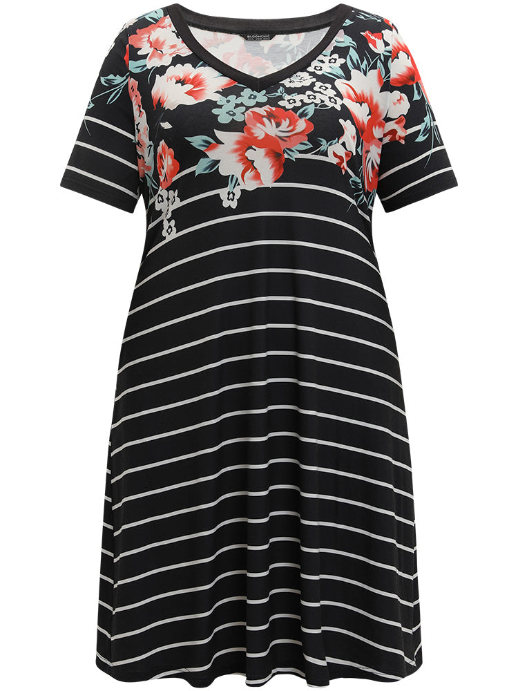 Floral & Striped Print Pocket V Neck Dress