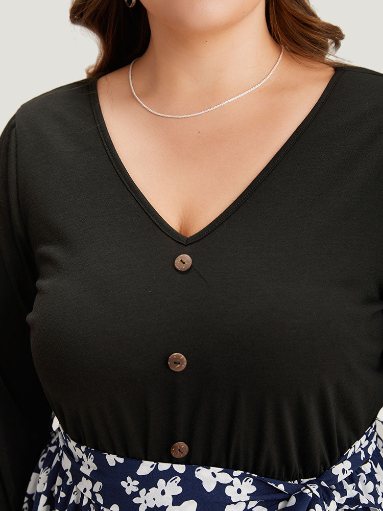 Silhouette Floral Print Belted Button Detail Dress