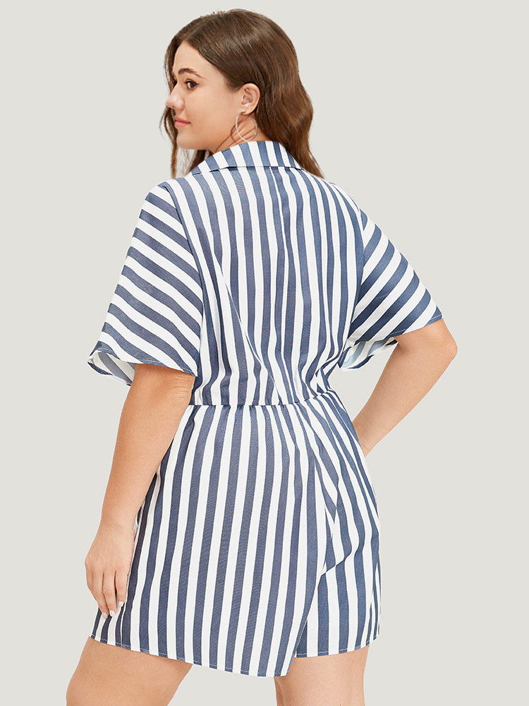 Shirt Collar Button Up Pocket Elastic Waist Romper