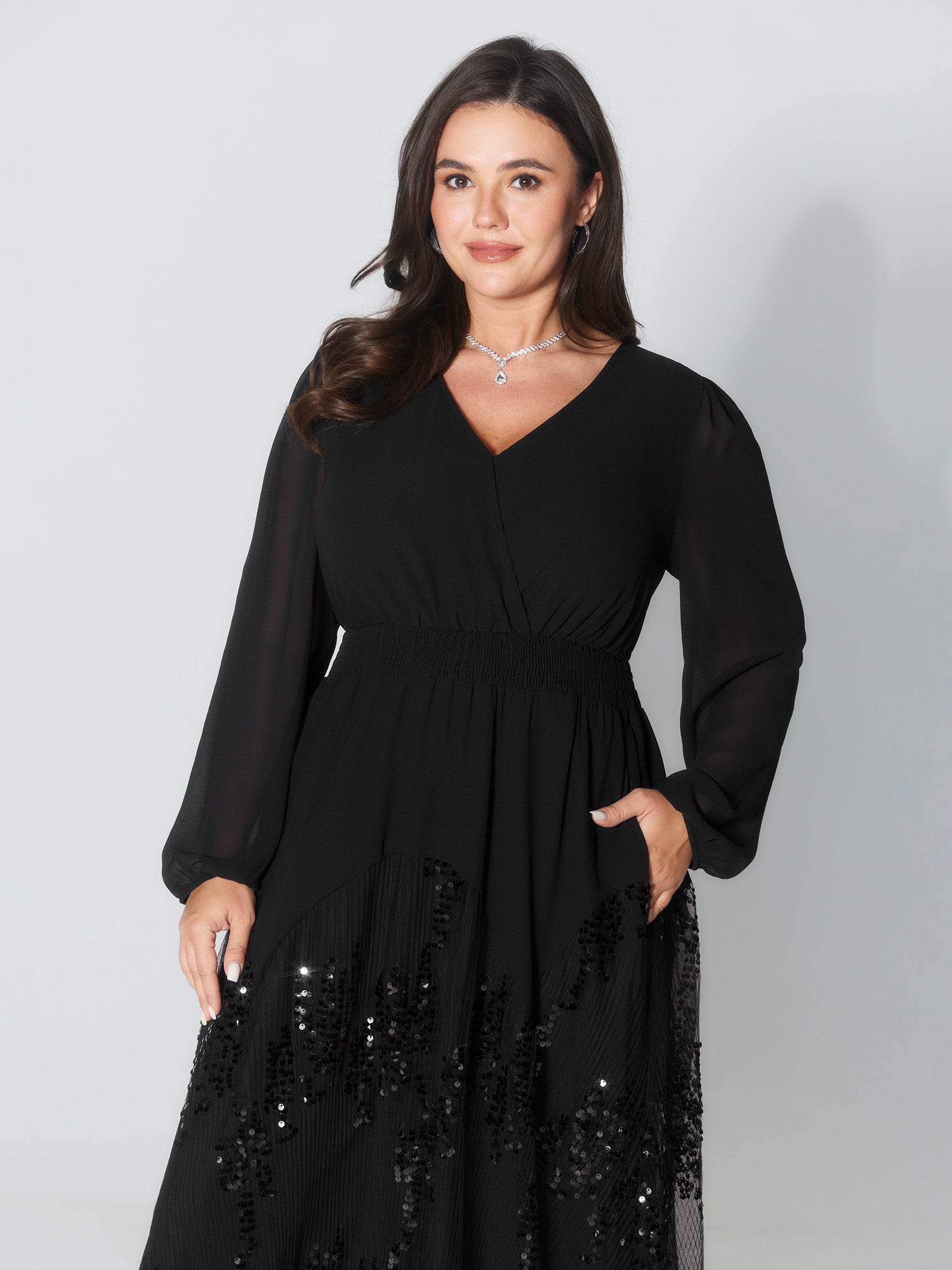 Sequin Mesh Asymmetrical Hem Maxi Dress