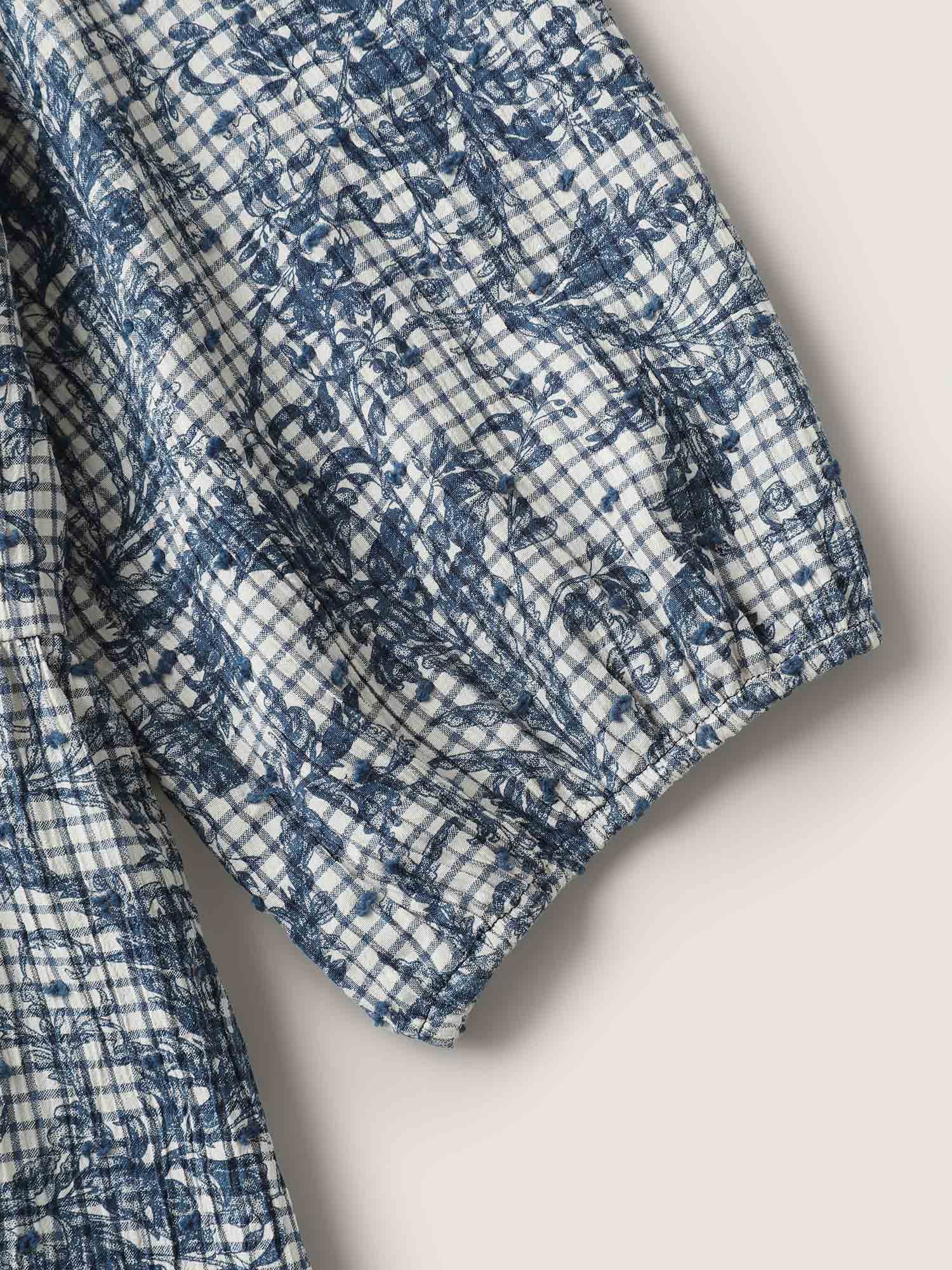 Check Toile de Jouy Shirred Pattern Blouse