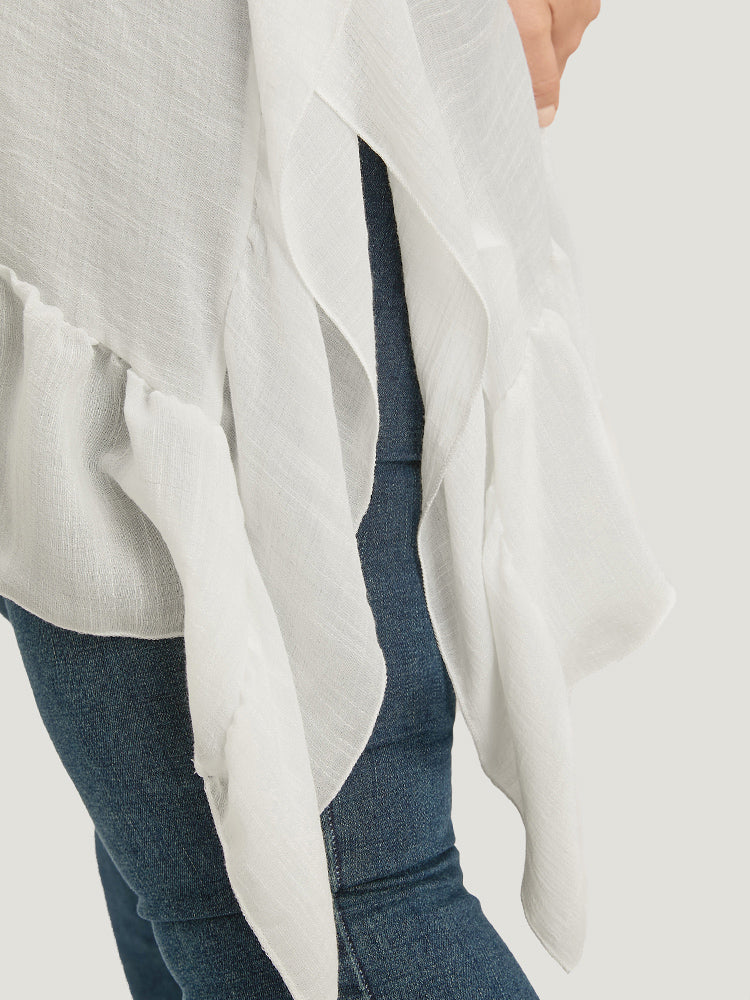 Solid Ruffle Trim Dolman Sleeve Lace Asymmetrical Hem Knit Top