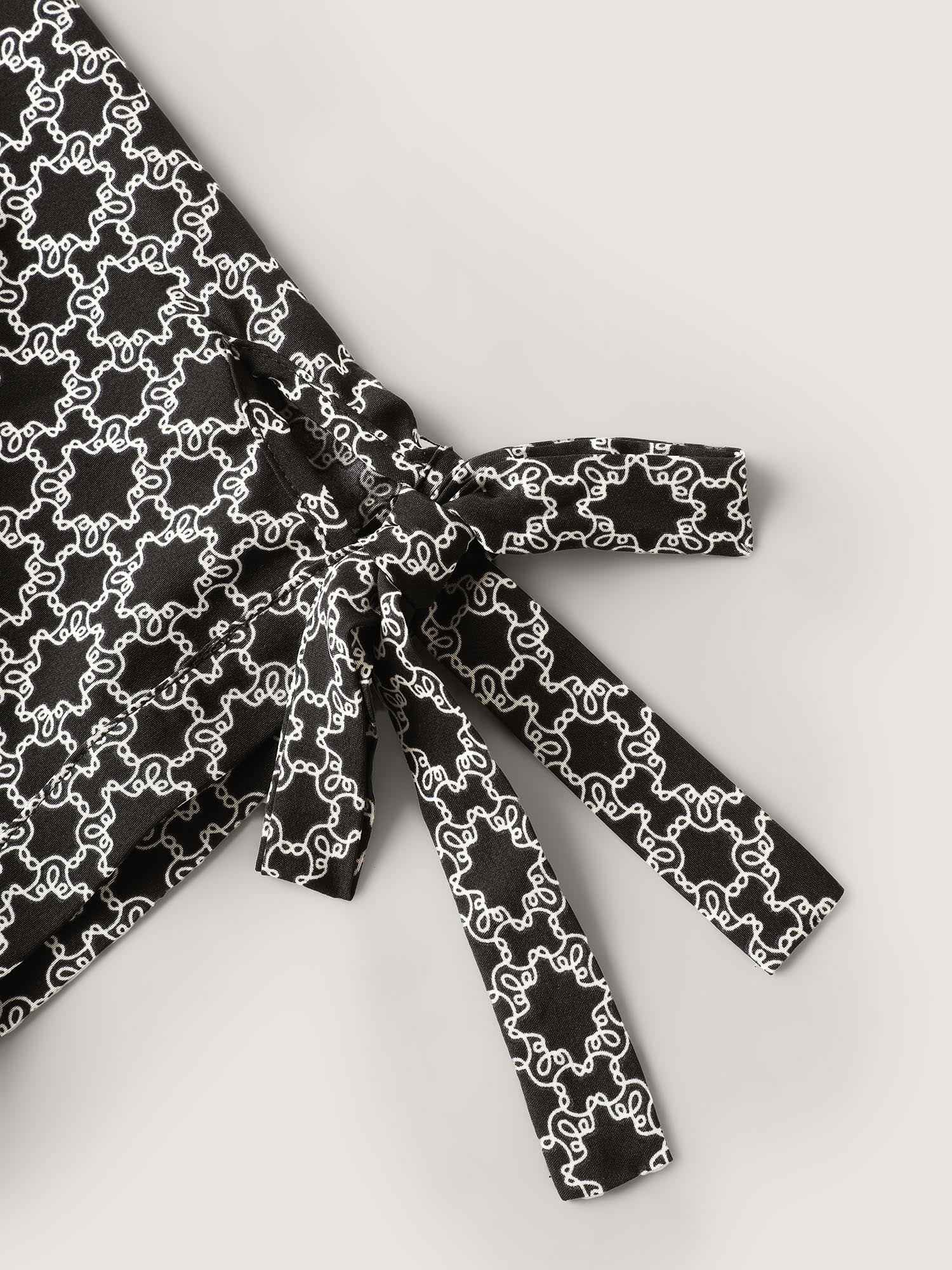 Geometric Print Sleeve Tie Midi Dress