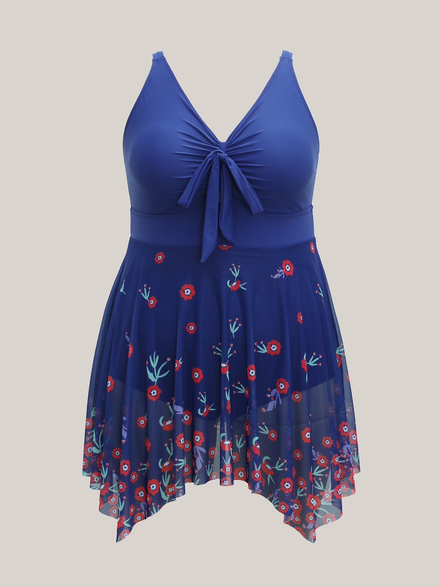 Floral Print Mesh Adjustable Bust-Tie Swim Dress