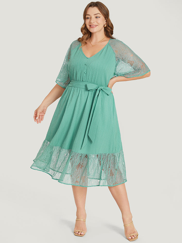Plain Pocket Lace Raglan Sleeve Ruffle Belted Plisse Dress