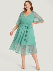 Plain Pocket Lace Raglan Sleeve Ruffle Belted Plisse Dress