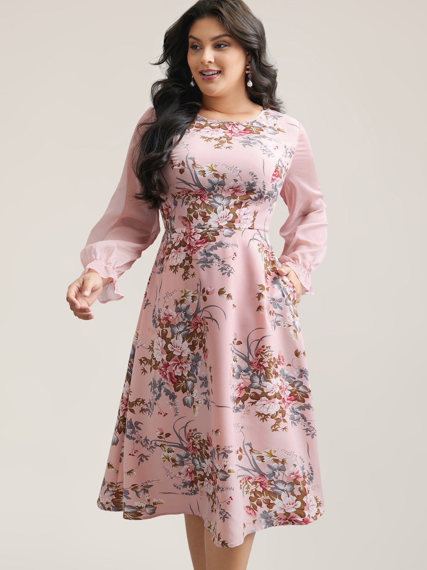 Floral Print Spliced Waist Cinched Midi Dress