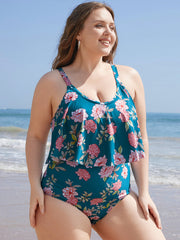 Floral Sculpt Waist Ruffles Trim One Piece Swimsuit