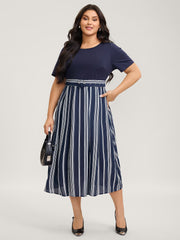 Striped Contrast Print Waist-Cinched Midi Dress
