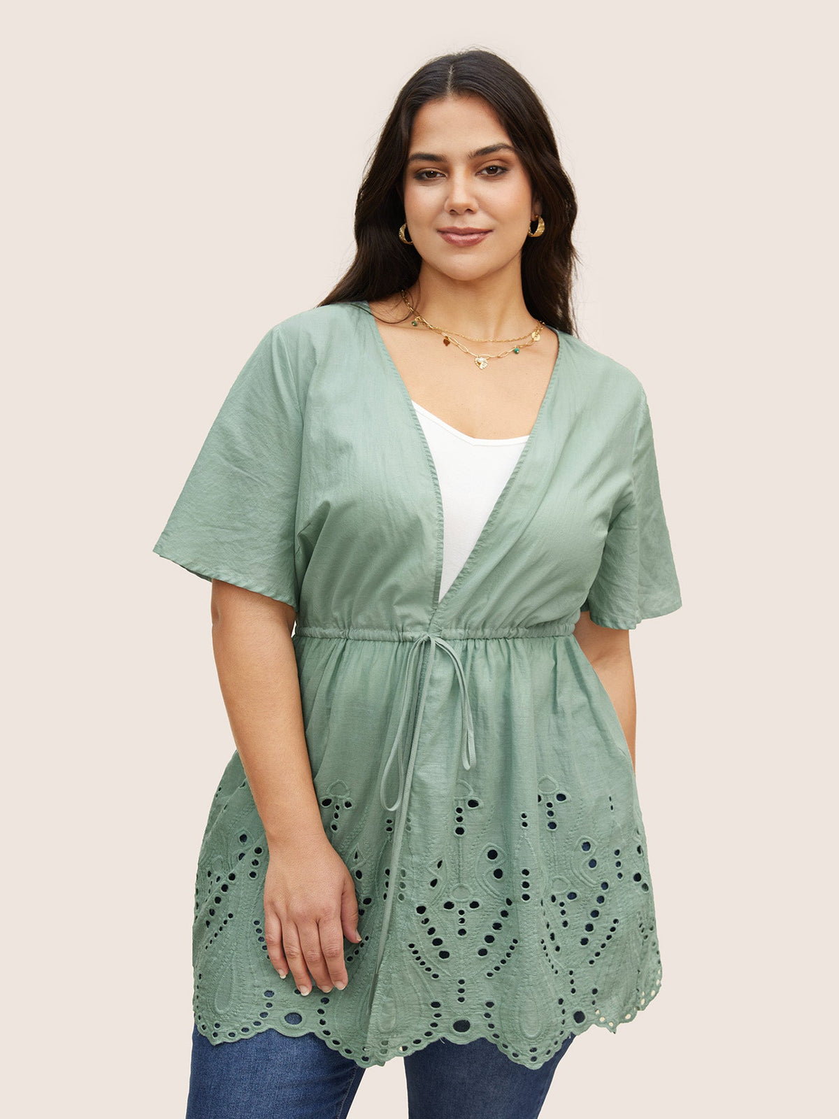 Plain Broderie Anglaise Drawstring Kimono