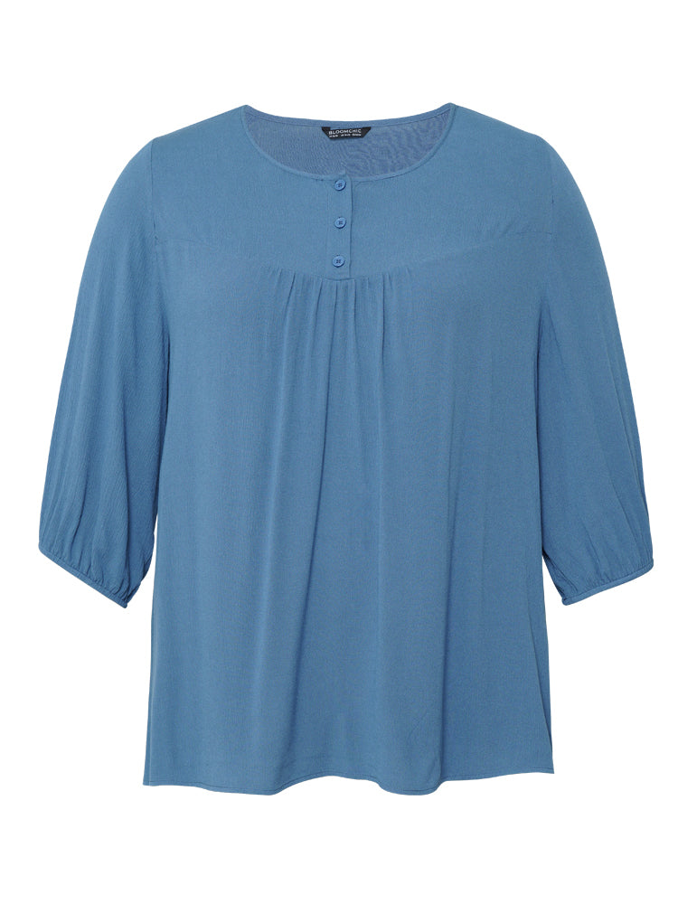 Plain Button Up Gathered Lantern Sleeve Blouse