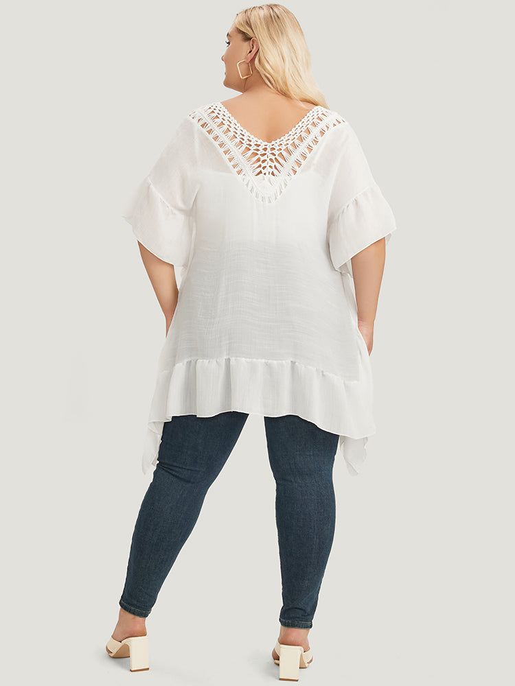 Solid Ruffle Trim Dolman Sleeve Lace Asymmetrical Hem Knit Top