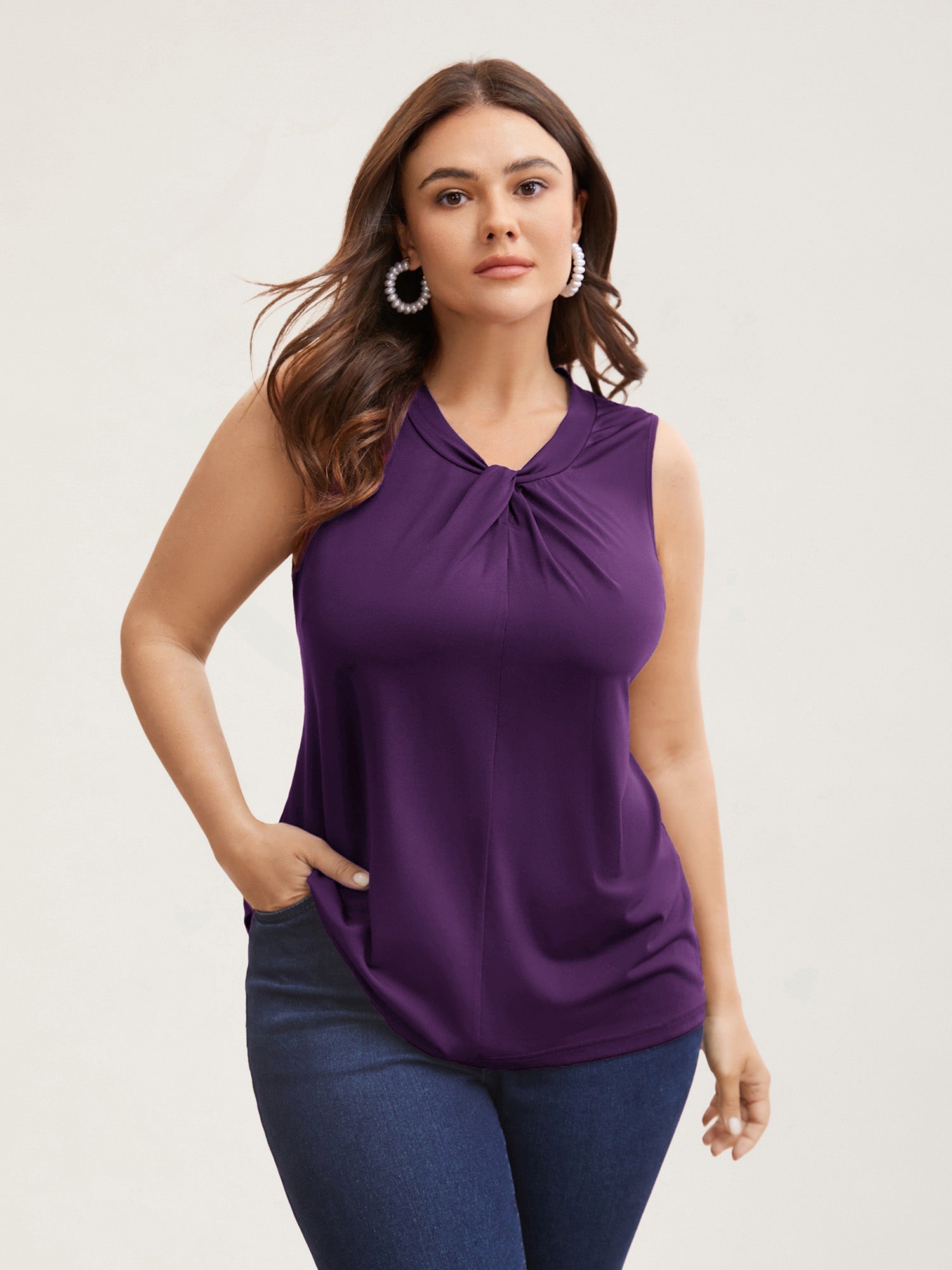 Solid Asymmetrical Neck Twist Front Tank Top